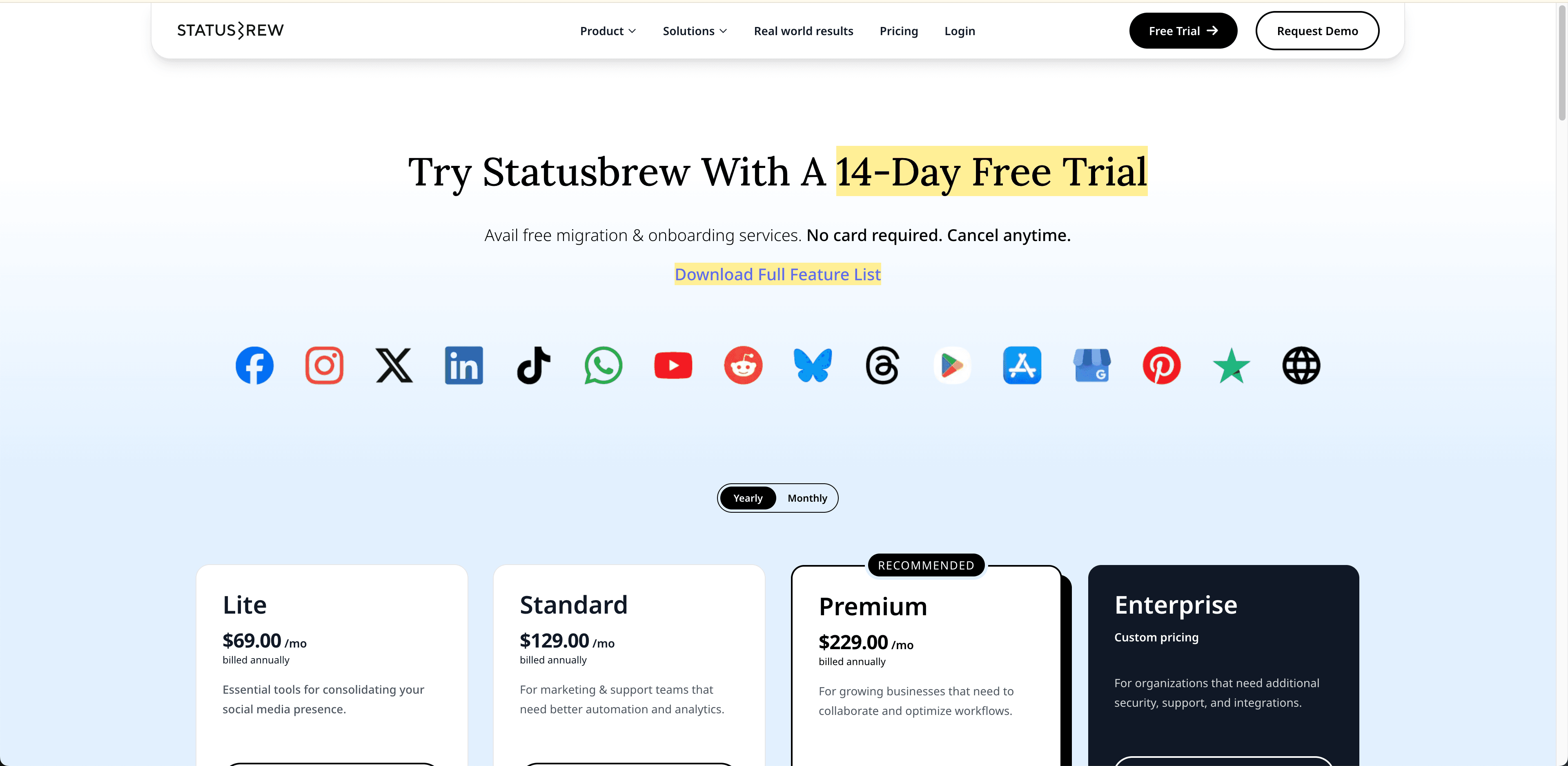 Statusbrew pricing page.